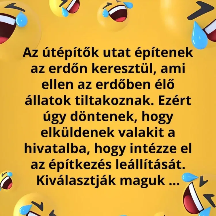 Vicc: Az állatok meg akarják akadályozni, hogy az útépítők utat...
