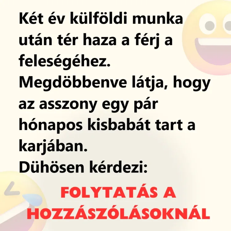 Vicc: Két év külföldi munka után tér haza a férj Vicc: Két év külföldi munka után tér haza a férj a feleségéhez