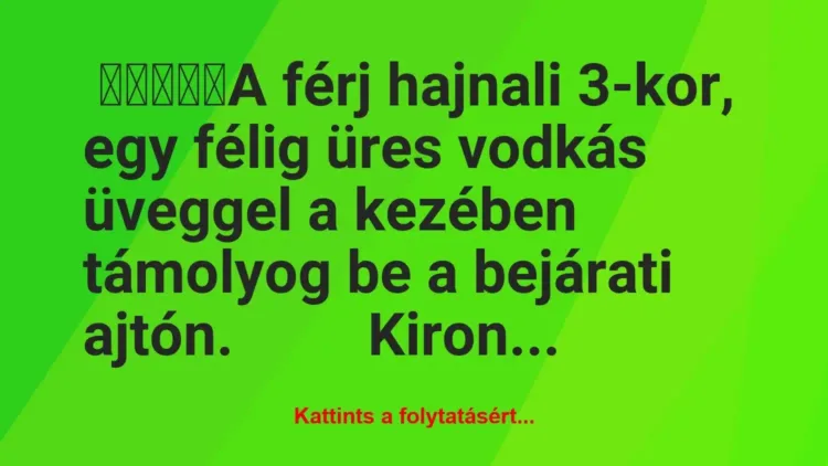 Vicc: A férj hajnali 3-kor, egy félig üres üveggel a kezében támolyog… Vicc: A férj hajnali 3-kor, egy félig üres üveggel a kezében támolyog…