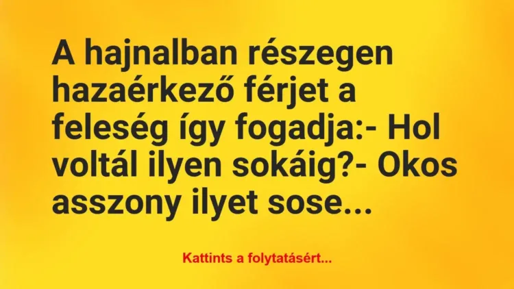 Vicc: A hajnalban részegen hazaérkező férjet a feleség így fogadja:
-… Vicc: A hajnalban részegen hazaérkező férjet a feleség így fogadja:
-…