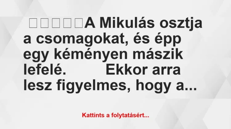 Vicc: A Mikulás osztja a csomagokat, és épp egy kéményen mászik… Vicc: A Mikulás osztja a csomagokat, és épp egy kéményen mászik…