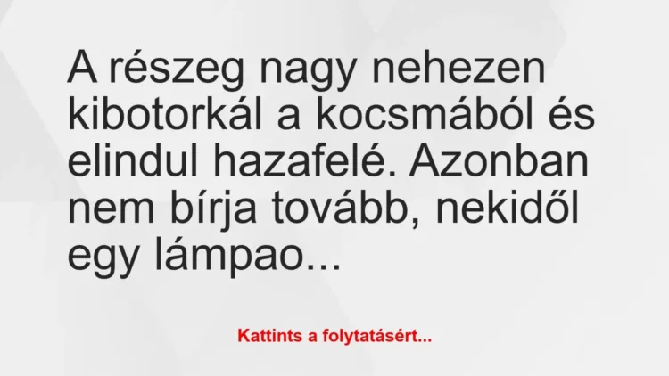 Vicc: A részeg nagy nehezen kibotorkál a kocsmából és elindul hazafelé…. Vicc: A részeg nagy nehezen kibotorkál a kocsmából és elindul hazafelé….