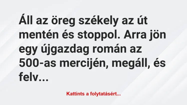 Vicc: Áll az öreg székely az út mentén és stoppol. Arra jön egy újgazdag… Vicc: Áll az öreg székely az út mentén és stoppol. Arra jön egy újgazdag…