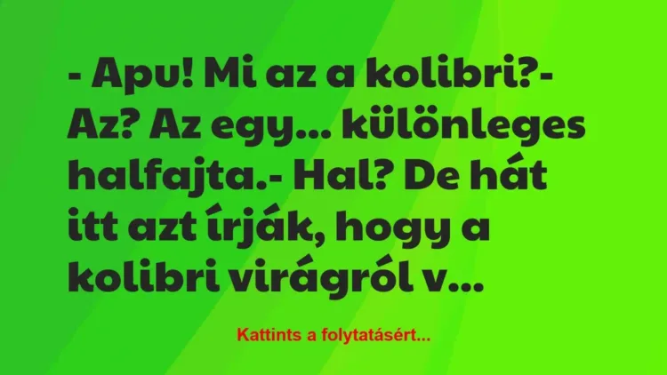 Vicc: – Apu! Mi az a kolibri?
– Az? Az egy… különleges… Vicc: – Apu! Mi az a kolibri?
– Az? Az egy… különleges…