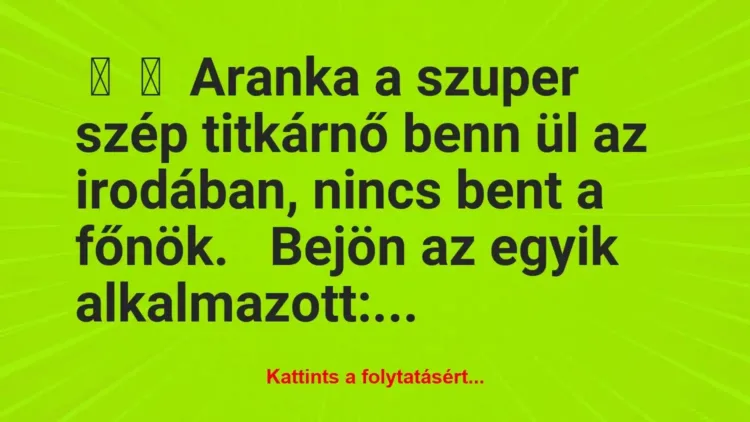 Vicc:
Aranka a szuper szép titkárnő benn ül az irodában, nincs… Vicc:
Aranka a szuper szép titkárnő benn ül az irodában, nincs…