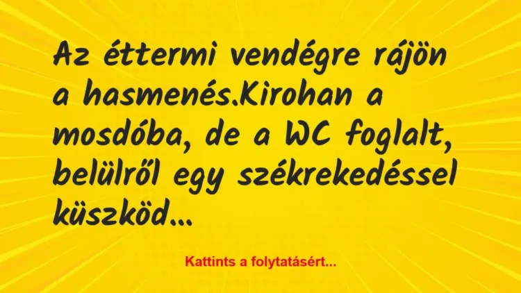 Vicc: Az éttermi vendégre rájön a hasmenés.
Kirohan a mosdóba, de a WC… Vicc: Az éttermi vendégre rájön a hasmenés.
Kirohan a mosdóba, de a WC…