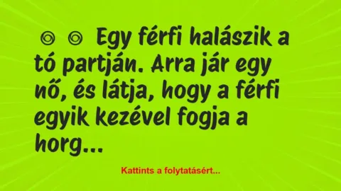Vicc: 
	    	    Egy férfi halászik a tó partján. Arra jár egy nő, és látja,…