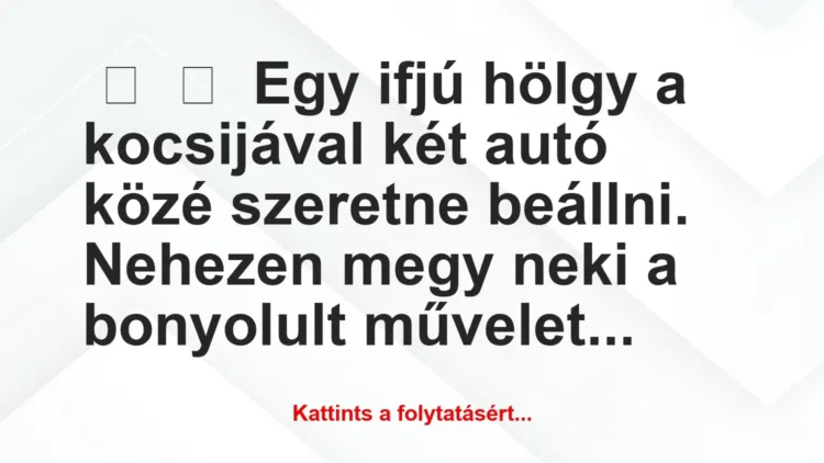 Vicc:
Egy ifjú hölgy a kocsijával két autó közé szeretne… Vicc:
Egy ifjú hölgy a kocsijával két autó közé szeretne…
