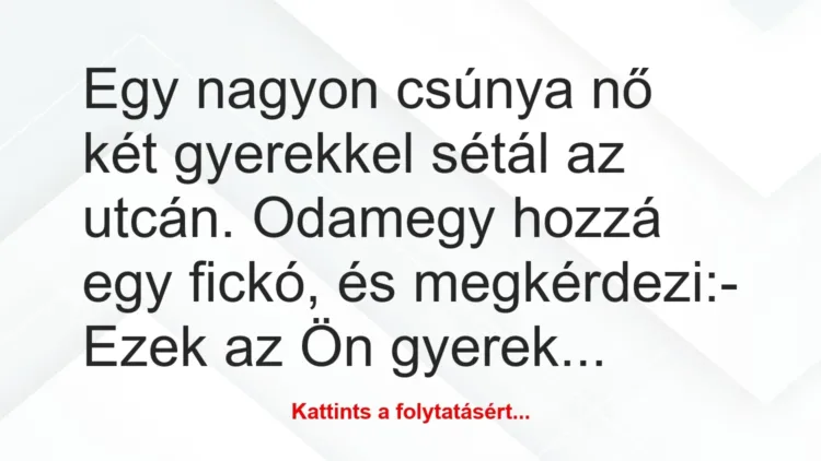Vicc: Egy nagyon csúnya nő két gyerekkel sétál az utcán. Odamegy hozzá egy… Vicc: Egy nagyon csúnya nő két gyerekkel sétál az utcán. Odamegy hozzá egy…