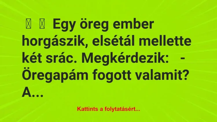 Vicc:
Egy öreg ember horgászik, elsétál mellette két srác…. Vicc:
Egy öreg ember horgászik, elsétál mellette két srác….
