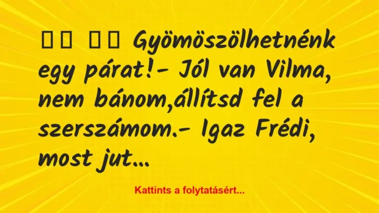 Vicc:
Gyömöszölhetnénk egy párat!- Jól van Vilma,… Vicc:
Gyömöszölhetnénk egy párat!- Jól van Vilma,…