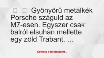 Vicc: 
	    	    Gyönyörű metálkék Porsche száguld az M7-esen. Egyszer csak …