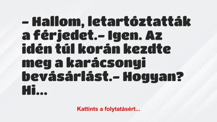 Vicc: – Hallom, letartóztatták a férjedet.
– Igen. Az idén túl korán… Vicc: – Hallom, letartóztatták a férjedet.
– Igen. Az idén túl korán…