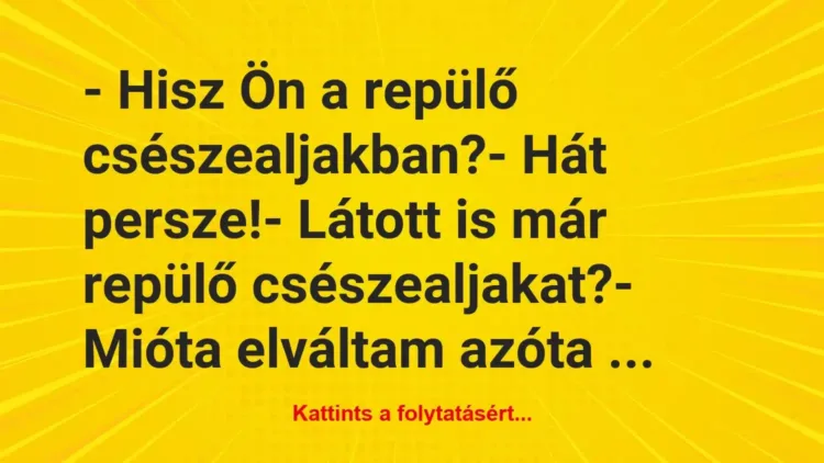 Vicc: – Hisz Ön a repülő csészealjakban?
– Hát persze!
– Látott is… Vicc: – Hisz Ön a repülő csészealjakban?
– Hát persze!
– Látott is…