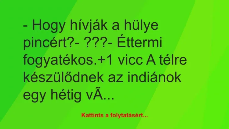 Vicc: – Hogy hívják a hülye pincért?
– ???
– Éttermi fogyatékos. Vicc: – Hogy hívják a hülye pincért?
– ???
– Éttermi fogyatékos.