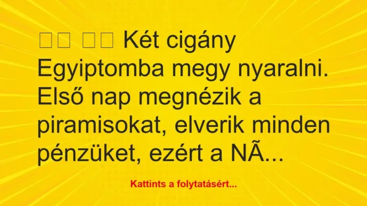 Vicc:
Két cigány Egyiptomba megy nyaralni. Első nap… Vicc:
Két cigány Egyiptomba megy nyaralni. Első nap…
