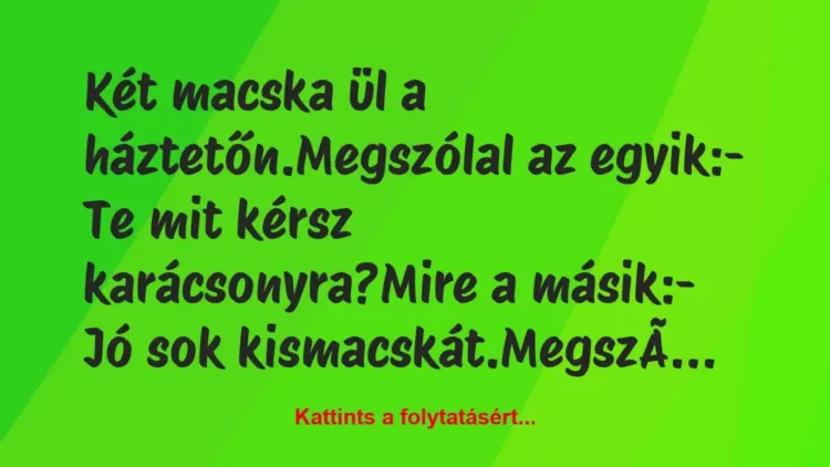 Vicc: Két macska ül a háztetőn.
Megszólal az egyik:
– Te mit kérsz… Vicc: Két macska ül a háztetőn.
Megszólal az egyik:
– Te mit kérsz…