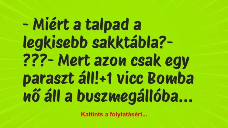 Vicc: – Miért a talpad a legkisebb sakktábla?
– ???
– Mert azon… Vicc: – Miért a talpad a legkisebb sakktábla?
– ???
– Mert azon…