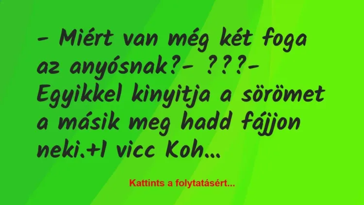 Vicc: – Miért van még két foga az anyósnak?
– ???
– Egyikkel… Vicc: – Miért van még két foga az anyósnak?
– ???
– Egyikkel…