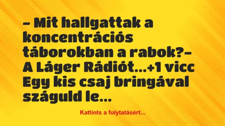 Vicc: – Mit hallgattak a koncentrációs táborokban a rabok?
– A Láger… Vicc: – Mit hallgattak a koncentrációs táborokban a rabok?
– A Láger…