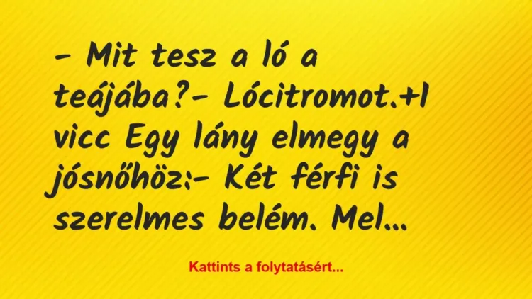 Vicc: – Mit tesz a ló a teájába?
– Lócitromot. Vicc: – Mit tesz a ló a teájába?
– Lócitromot.