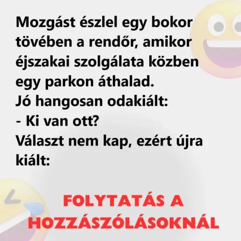 Vicc: Mozgást észlel egy bokor tövében a rendőr