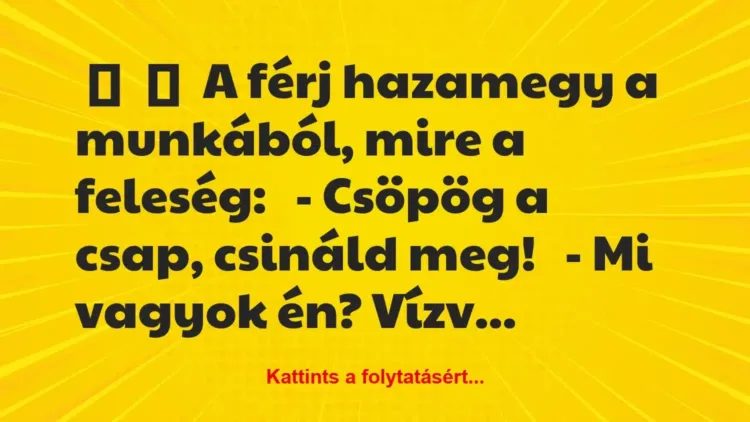 Vicc:
A férj hazamegy a munkából, mire a feleség:
– Csöpög… Vicc:
A férj hazamegy a munkából, mire a feleség:
– Csöpög…