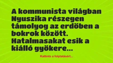 Vicc: A kommunista világban Nyuszika részegen támolyog az erdőben a bokrok…