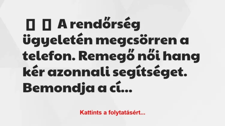 Vicc:
A rendőrség ügyeletén megcsörren a telefon. Remegő női hang… Vicc:
A rendőrség ügyeletén megcsörren a telefon. Remegő női hang…