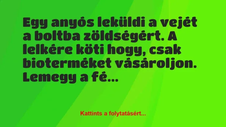 Vicc: Egy anyós leküldi a vejét a boltba zöldségért. A lelkére köti hogy,… Vicc: Egy anyós leküldi a vejét a boltba zöldségért. A lelkére köti hogy,…