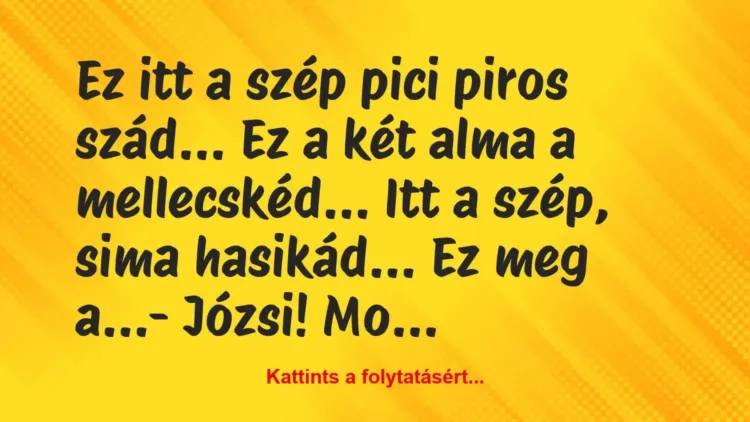 Vicc: Ez itt a szép pici piros szád… Ez a két alma a mellecskéd… Itt a… Vicc: Ez itt a szép pici piros szád… Ez a két alma a mellecskéd… Itt a…