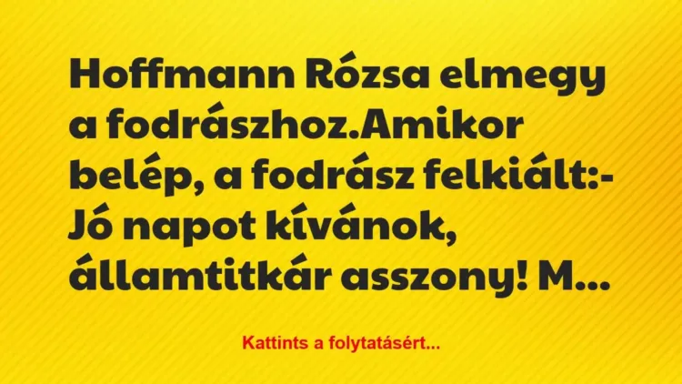 Vicc: Hoffmann Rózsa elmegy a fodrászhoz.
Amikor belép, a fodrász… Vicc: Hoffmann Rózsa elmegy a fodrászhoz.
Amikor belép, a fodrász…