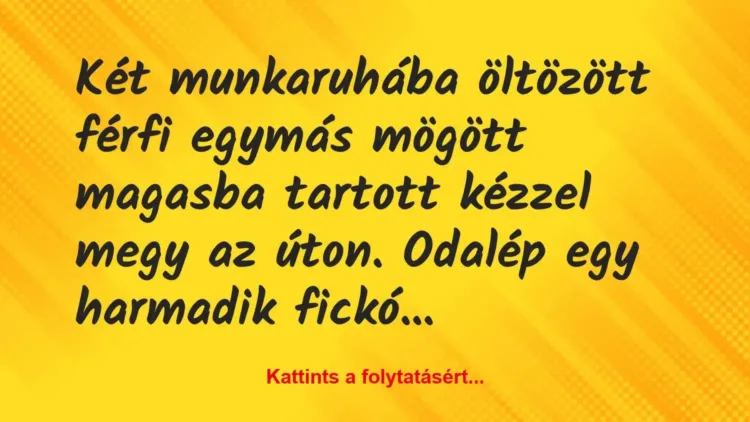 Vicc: Két munkaruhába öltözött férfi egymás mögött magasba tartott kézzel…