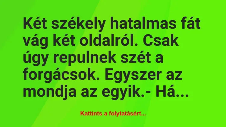 Vicc: Két székely hatalmas fát vág két oldalról. Csak úgy repulnek szét a… Vicc: Két székely hatalmas fát vág két oldalról. Csak úgy repulnek szét a…
