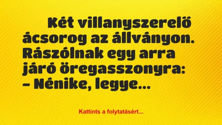 Vicc:
Két villanyszerelő ácsorog az állványon. Rászólnak egy arra… Vicc:
Két villanyszerelő ácsorog az állványon. Rászólnak egy arra…