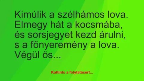 Vicc: Kimúlik a szélhámos lova. Elmegy hát a kocsmába, és sorsjegyet kezd… Vicc: Kimúlik a szélhámos lova. Elmegy hát a kocsmába, és sorsjegyet kezd…