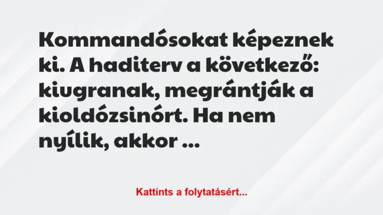 Vicc: Kommandósokat képeznek ki. A haditerv a következő: kiugranak,… Vicc: Kommandósokat képeznek ki. A haditerv a következő: kiugranak,…