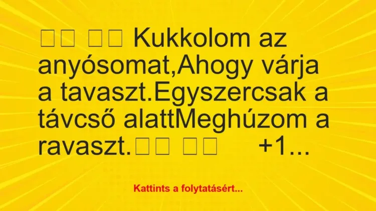 Vicc:
Kukkolom az anyósomat,Ahogy várja a… Vicc:
Kukkolom az anyósomat,Ahogy várja a…