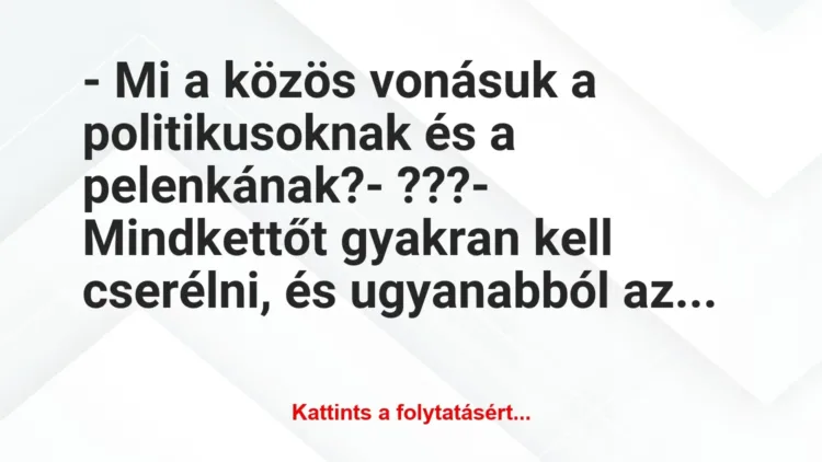 Vicc: – Mi a közös vonásuk a politikusoknak és a pelenkának?
-… Vicc: – Mi a közös vonásuk a politikusoknak és a pelenkának?
-…
