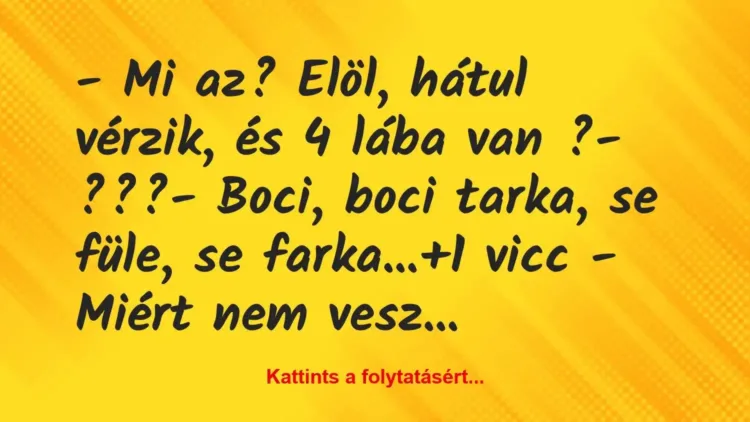 Vicc: – Mi az? Elöl, hátul vérzik, és 4 lába van ?
– ???
– Boci,… Vicc: – Mi az? Elöl, hátul vérzik, és 4 lába van ?
– ???
– Boci,…
