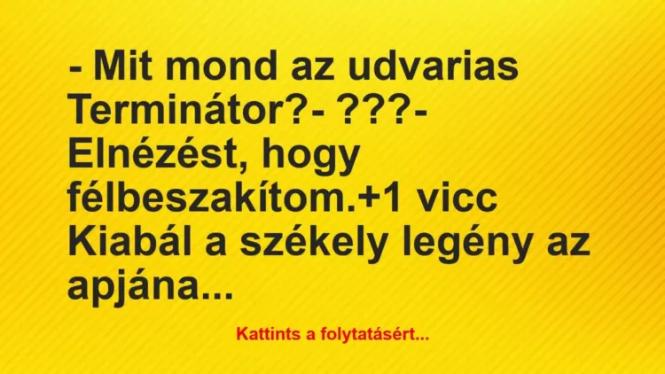 Vicc: – Mit mond az udvarias Terminátor?
– ???
– Elnézést, hogy… Vicc: – Mit mond az udvarias Terminátor?
– ???
– Elnézést, hogy…