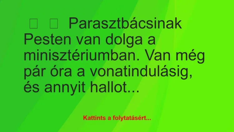 Vicc:
Parasztbácsinak Pesten van dolga a minisztériumban. Van még… Vicc:
Parasztbácsinak Pesten van dolga a minisztériumban. Van még…