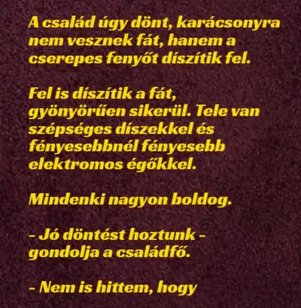Vicc: A család úgy dönt, karácsonyra nem vesznek fát, hanem a cserepes…