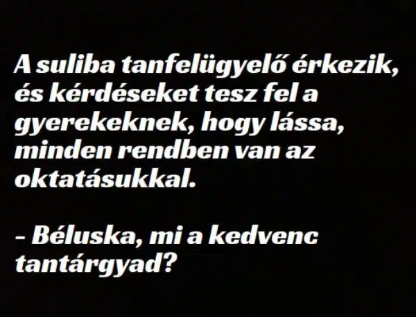 Vicc: A suliba tanfelügyelő érkezik, és kérdéseket tesz fel a... Vicc: A suliba tanfelügyelő érkezik, és kérdéseket tesz fel a…