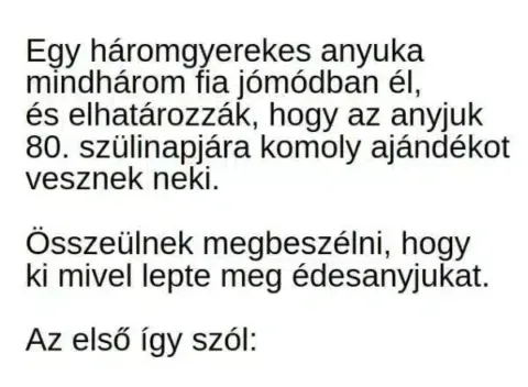 Vicc: Egy háromgyerekes anyuka három fia elhatározza, hogy az anyjuk…