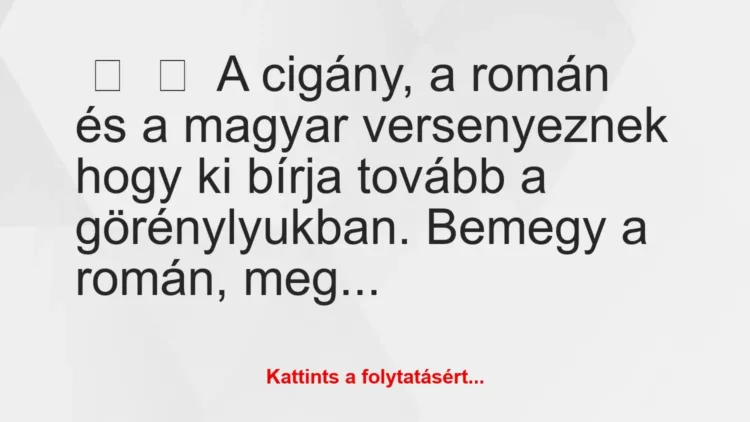 Vicc:
A cigány, a román és a magyar versenyeznek hogy ki bírja… Vicc:
A cigány, a román és a magyar versenyeznek hogy ki bírja…