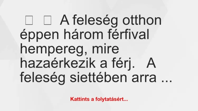 Vicc:
A feleség otthon éppen három férfival hempereg, mire… Vicc:
A feleség otthon éppen három férfival hempereg, mire…