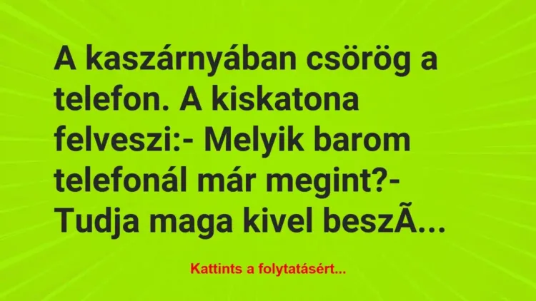 Vicc: A kaszárnyában csörög a telefon. A kiskatona felveszi:
– Melyik… Vicc: A kaszárnyában csörög a telefon. A kiskatona felveszi:
– Melyik…
