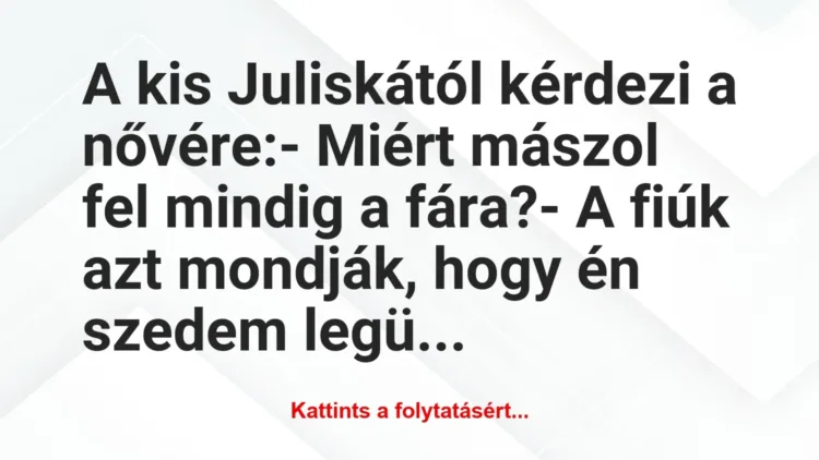 Vicc: A kis Juliskától kérdezi a nővére:
– Miért mászol fel mindig a… Vicc: A kis Juliskától kérdezi a nővére:
– Miért mászol fel mindig a…