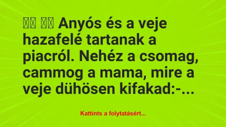 Vicc:
Anyós és a veje hazafelé tartanak a piacról…. Vicc:
Anyós és a veje hazafelé tartanak a piacról….